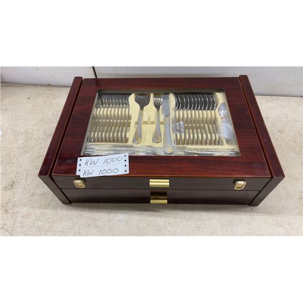 Stainless Steel Flatware Set with Gold Accents in Wooden Display Case