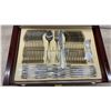 Image 2 : Stainless Steel Flatware Set with Gold Accents in Wooden Display Case