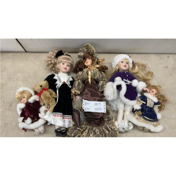 Collection of Five Porcelain Collector Dolls in Victorian and Winter-Themed Outfits and More