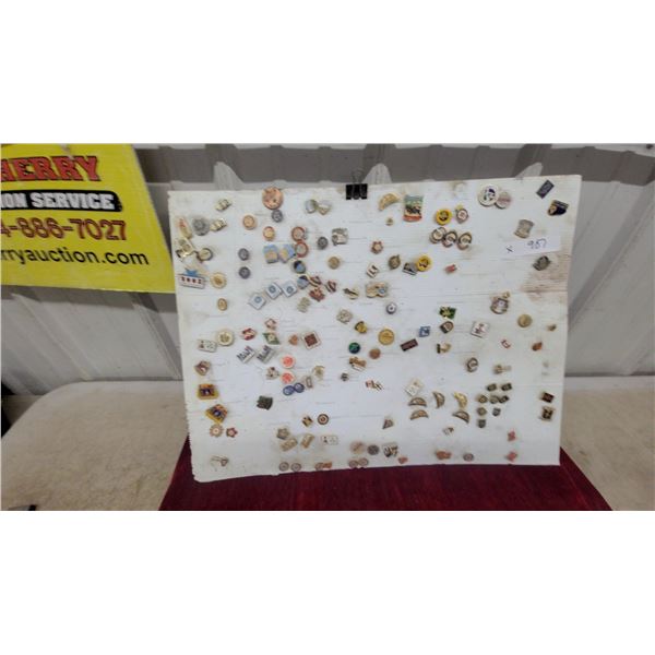 Large Collection of Assorted Lapel Pins and Travel Souvenir Badges on Display Board and More
