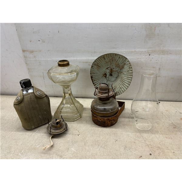 Wall-Mounted Oil Lamp, Tabletop Oil Lamp, Brown Glass Bottle, Canvas Canteen