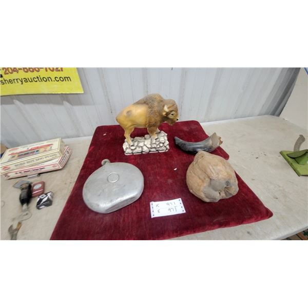 Vintage Aluminum Canteen, Buffalo Figurine, Horn, and More