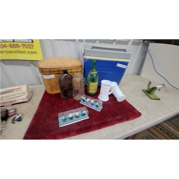 Wicker Picnic Basket, Muskoka Bottle, Milk Glass Mug and Vase, Blue Cooler, and More