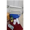 Image 2 : Wicker Picnic Basket, Muskoka Bottle, Milk Glass Mug and Vase, Blue Cooler, and More
