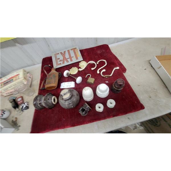 Vintage Metal Exit Sign, Porcelain Knobs, Insulators, Brass Hooks, and More