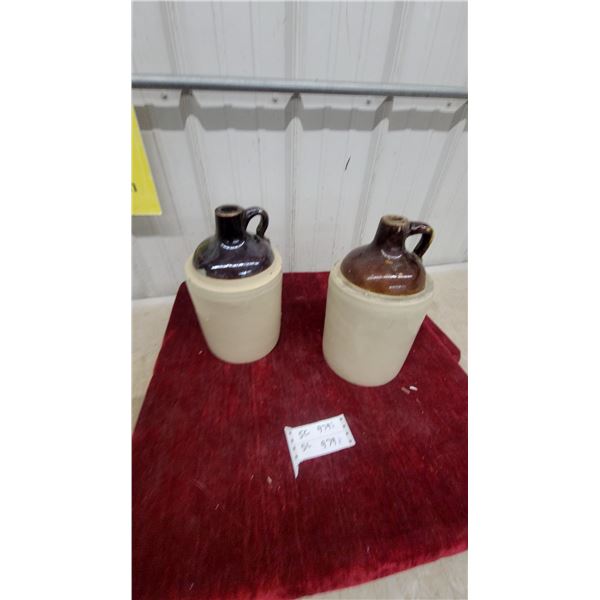 Pair of Two-Tone Stoneware Whiskey Jugs with Brown Glaze Tops
