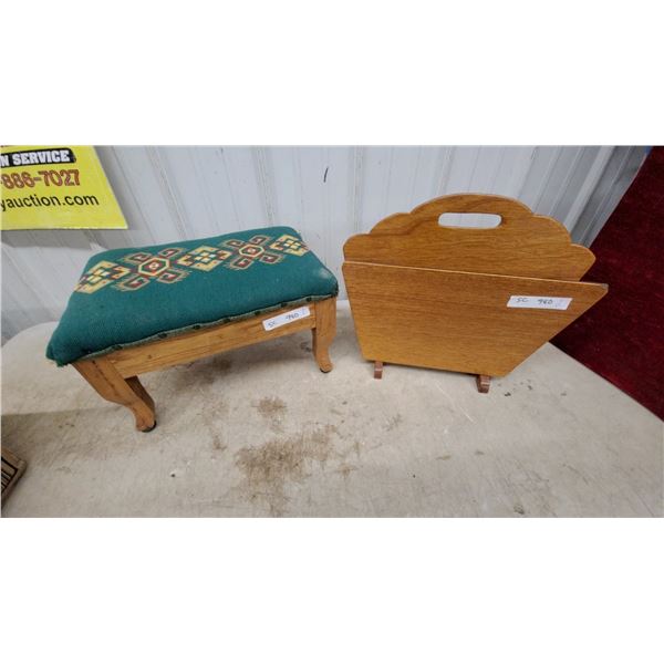 Vintage Wooden Footstool with Needlepoint Upholstery and Wooden Magazine Rack