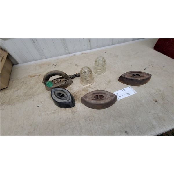 Antique Cast Iron Sad Irons, Glass Pin-Type Electrical Insulators, and More
