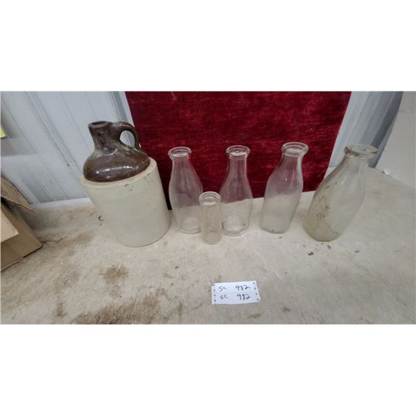Two-Tone Stoneware Jug with Brown Glazed Top and Five Clear Milk Bottles