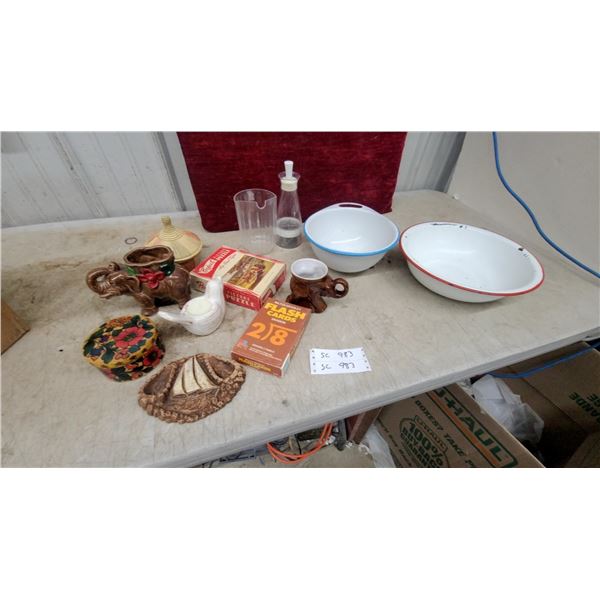 Vintage Enamelware Basins, Saalfield Perfect Picture Puzzle, Flash Cards, and More