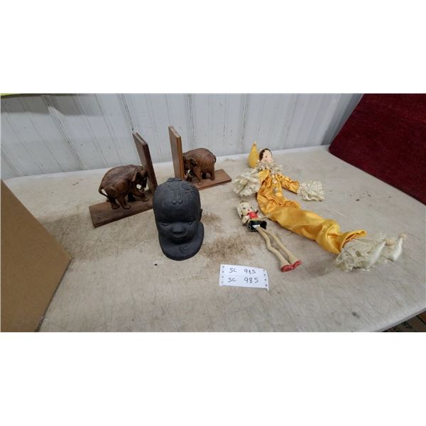 Carved Wood Elephant Bookend 0Black Buddha Head Sculpture, and More