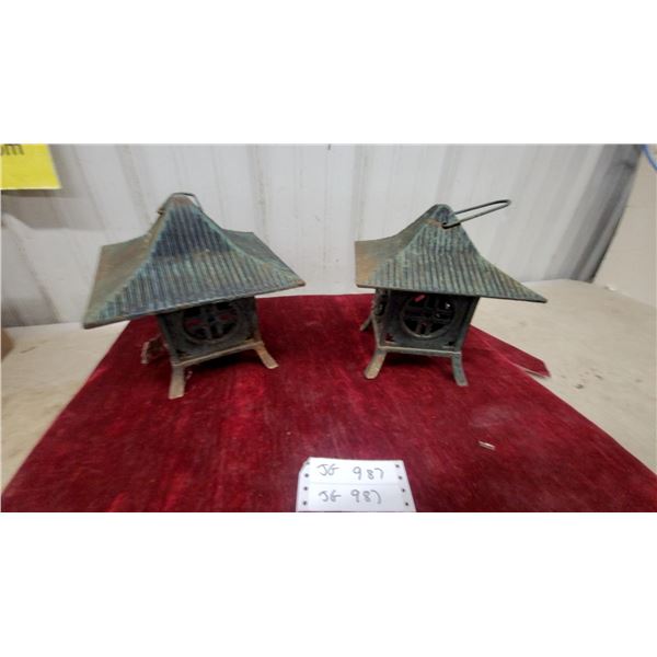 Pair of Cast Iron Japanese-Style Pagoda Garden Lanterns with Verdigris Patina
