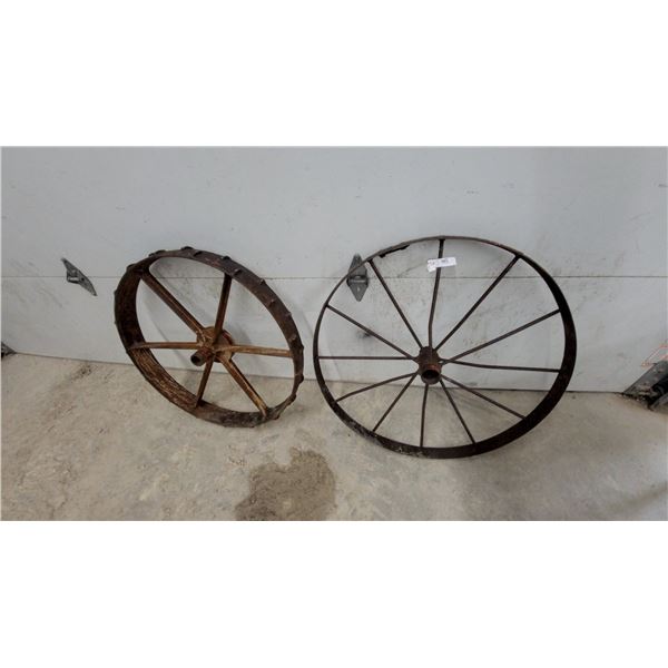 Two Antique Iron Wheels, Cleated and Spoked Styles, Farm Implement or Wagon Type 33" Diameter