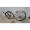 Image 1 : Two Antique Iron Wheels, Cleated and Spoked Styles, Farm Implement or Wagon Type 33" Diameter