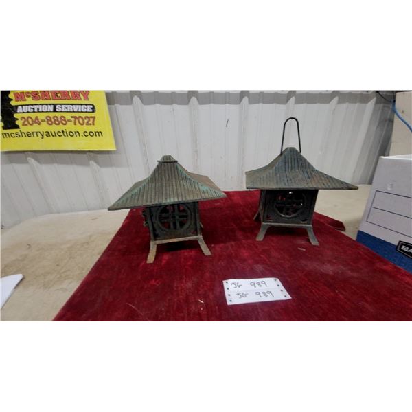 Pair of Cast Iron Asian-Style Pagoda Garden Lanterns with Verdigris Patina