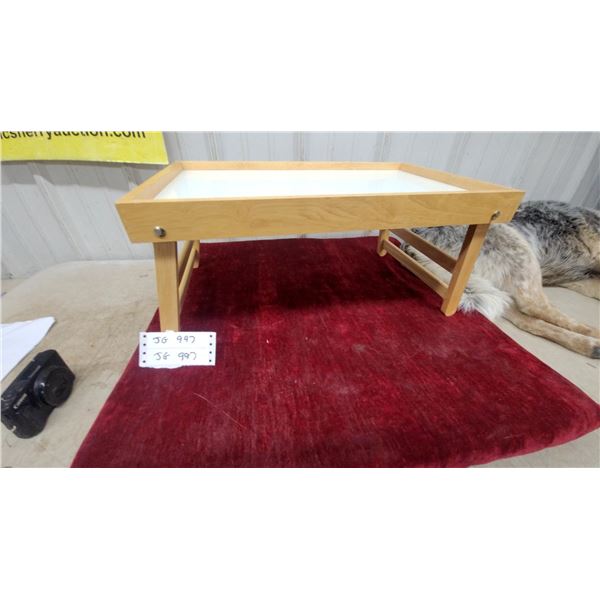 Wooden Bed Table with White Top and Lower Shelf Folding Legs