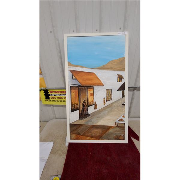 Framed Oil Painting of Desert Village Street Scene with Mountains