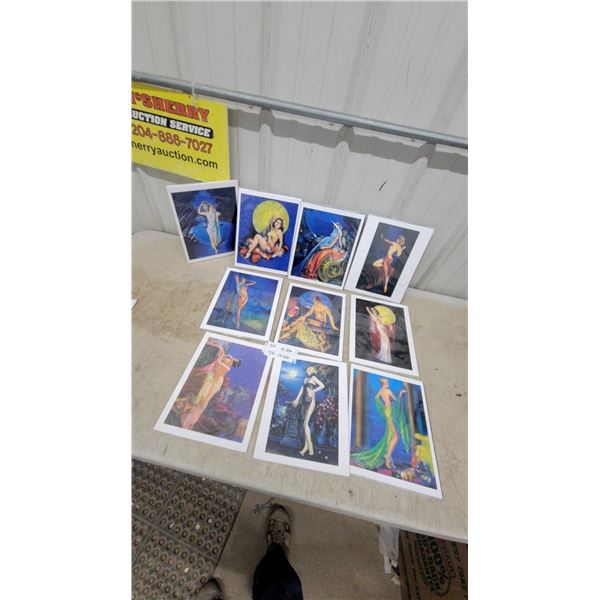 Collection of Art Deco Style Pin-Up and Illustration Art Prints in Protective Sleeves, 10 Pieces