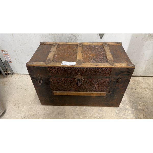 Antique Embossed Tin and Wood Steamer Trunk with Floral Scroll Pattern 32 x 20 x 16-1/2