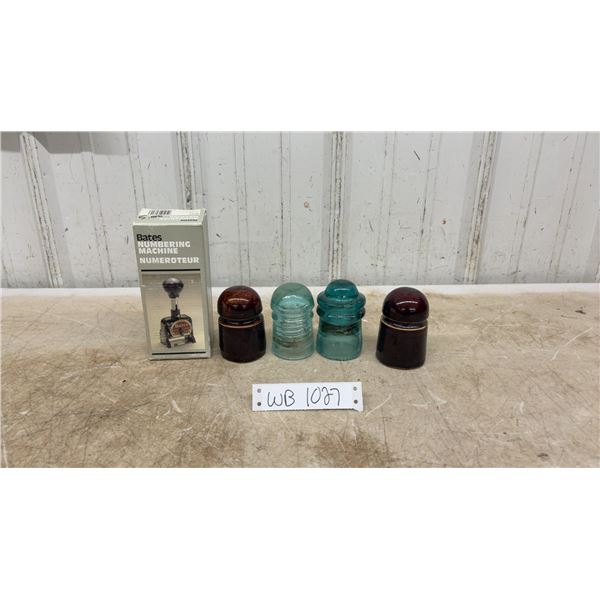 Bates Lever Movement Numbering Machine and 4 Ceramic and Glass Insulators