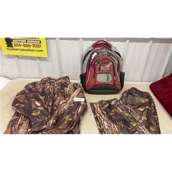 Master Sportsman Camouflage Hunting Pants Size XL, Hunting Jacket Size Medium, and Back Pack