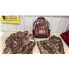 Image 1 : Master Sportsman Camouflage Hunting Pants Size XL, Hunting Jacket Size Medium, and Back Pack