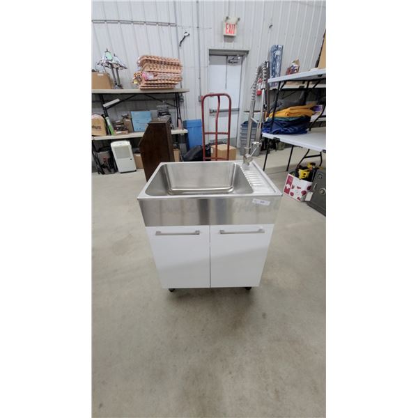 Portable Stainless Steel Utility Sink with Commercial Pull-Down Faucet and White Cabinet Base