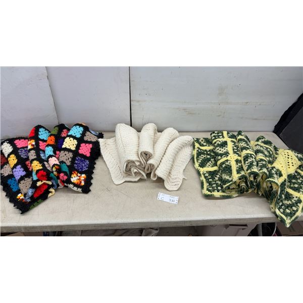 Three Crocheted Blankets: Multi-Color Granny Square, Cream Chevron, & Green & Yellow Square