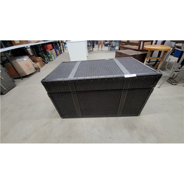 Woven Resin Trunk with Hinged Lid and Decorative Strap Accents 22 x 23 x 39"