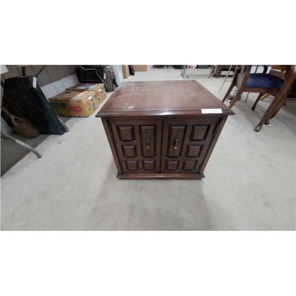 Two-Drawer Wooden End Table with Decorative Paneled Drawer Fronts and Dark Brown Finish