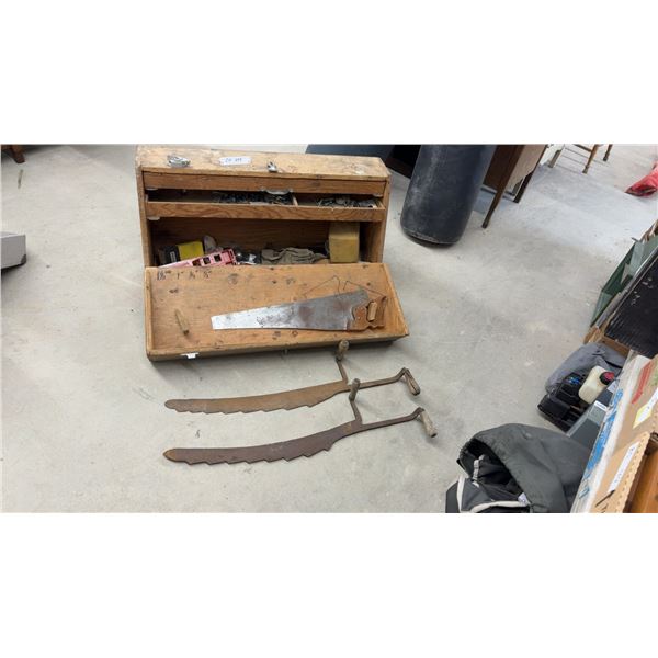 Vintage Wooden Toolbox with Hand Saws, Door Knobs, Hardware, 2 Hay Saws & More, 20 x 36 x 12"