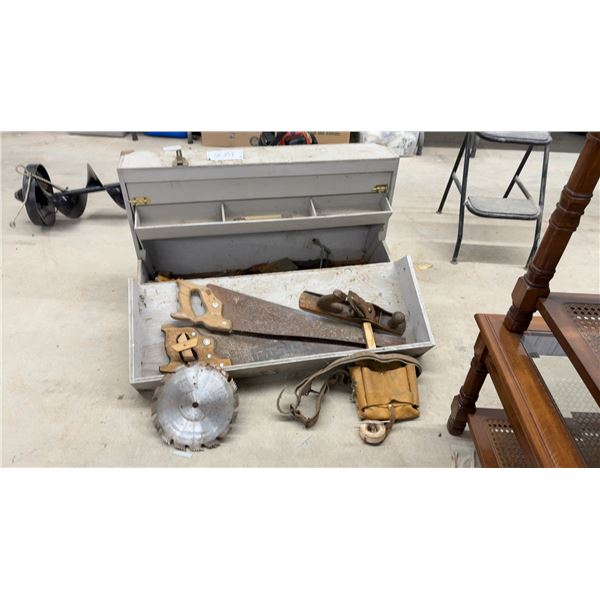 Vintage Carpenters Tool Box with Hand Saws, Wood Plane, Circular Saw Blade, & Leather Tool Belt