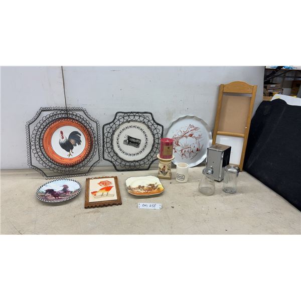 Country Kitchen Decor: Royal Doulton "Rustic England" Plate, Rooster Plates, Wire Plate Holders