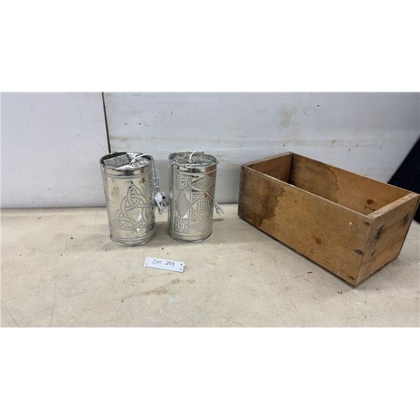 Pair of Punched Tin Lanterns with Celtic Knot & Star Designs, 9 1/2" High with Wood Crate