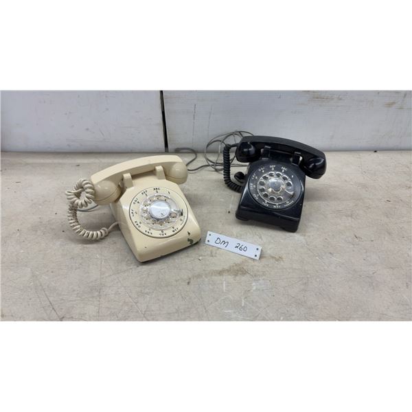 Two Rotary Dial Telephones: Black & Beige, Each w/ Handset & Cord