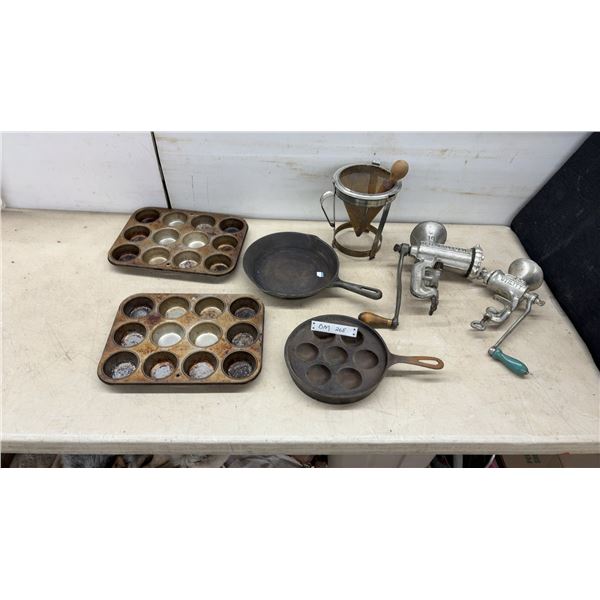 Vintage Kitchenware Lot: Dominion & Utility Meat Grinders, Food Mill, & Muffin Tins, Cast Iron Fry