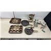 Image 1 : Vintage Kitchenware Lot: Dominion & Utility Meat Grinders, Food Mill, & Muffin Tins, Cast Iron Fry