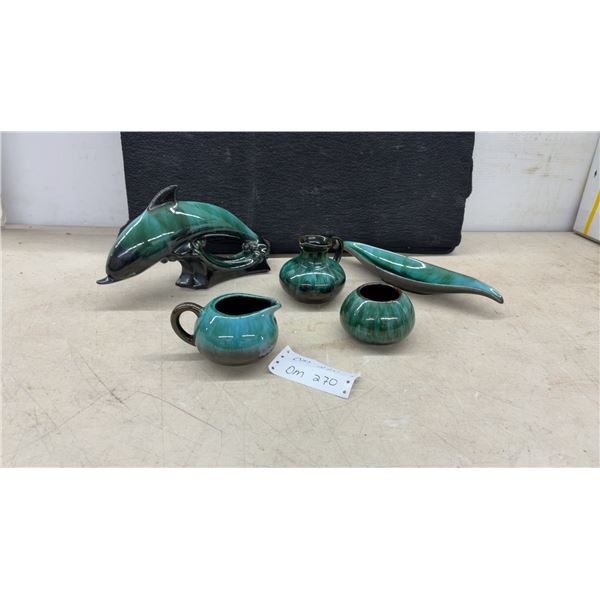 Blue Mountain Style Pottery Dolphin Figurine, Creamer, Sugar Bowl, Small Vase, & Dish