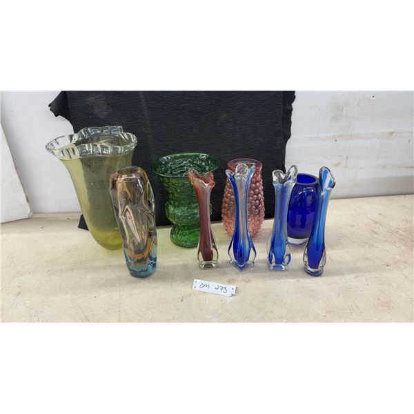 Assorted Glass Vases: Yellow Ruffled Rim, Green Textured, Blue Egg-Shaped, Pink Hob & More