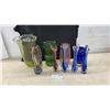 Image 1 : Assorted Glass Vases: Yellow Ruffled Rim, Green Textured, Blue Egg-Shaped, Pink Hob & More