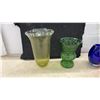 Image 2 : Assorted Glass Vases: Yellow Ruffled Rim, Green Textured, Blue Egg-Shaped, Pink Hob & More