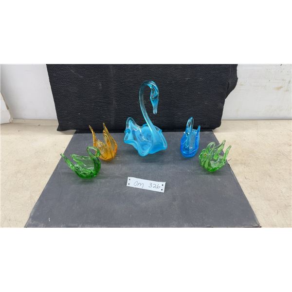 Chalet Lead Crystal & Glass Swan Dishes & Figurines, Largest 10". Tail Feather Damaged