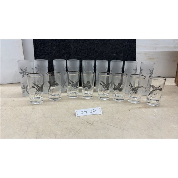 Assorted Glassware: (8) Frosted Snowflake Tumblers & (8) Game Bird Glasses