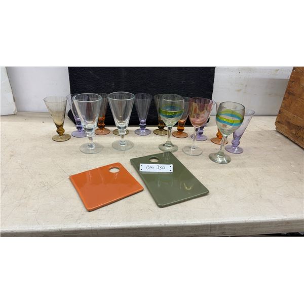Assorted Glassware: Clear Ribbed Stemware, Striped Stemware, Colored Stemware, & More