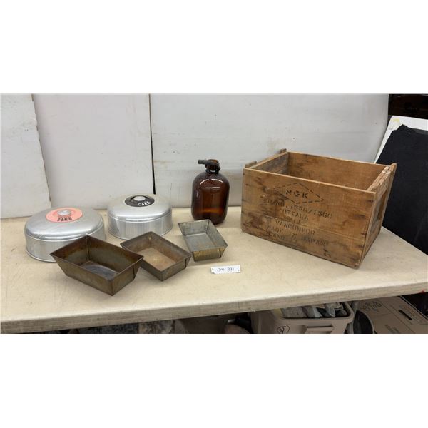 Vintage NGK Wooden Crate, Amber Glass Jug, 2 Aluminum Cake Covers, 3 Loaf Pans, & More
