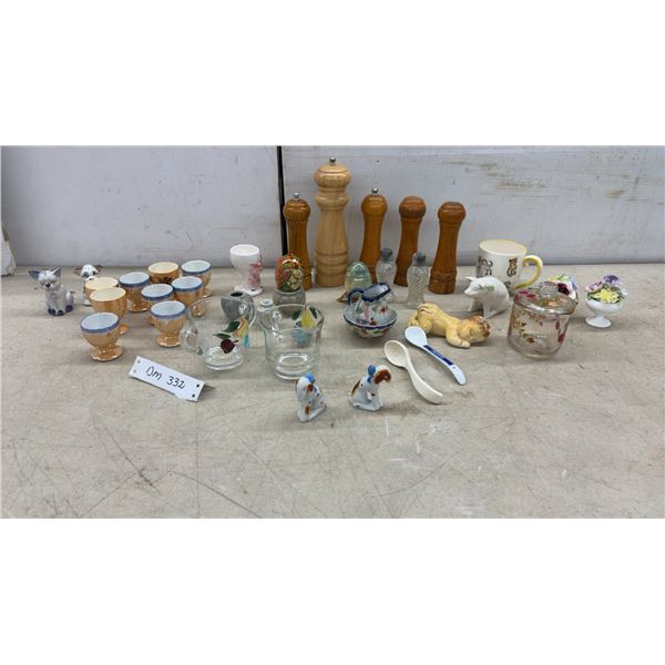 Assorted Collectibles: Wood Pepper Mills, Ceramic Figurines, Glassware, Egg Cups, Creamer
