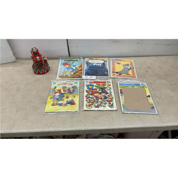 Musical Christmas Ferris Wheel & 5 Vintage Frame Tray Puzzles: Woody Woodpecker, Cookie Monster