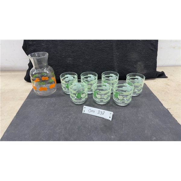 Vintage Apple Juice Glasses & Orange Motif Carafe, 8 Piece Set