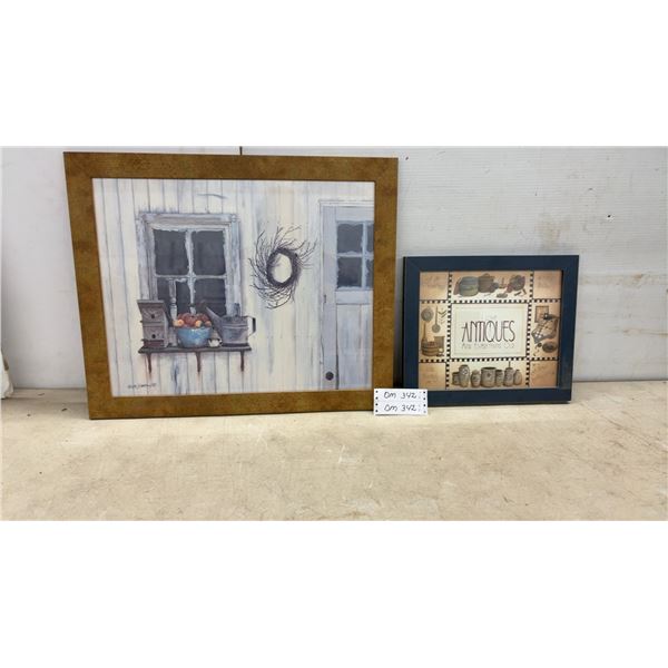 Two Framed Pictures "I Love Antiques" & Rustic Window Scene by Cindy Sampson, Largest 19 x 23"