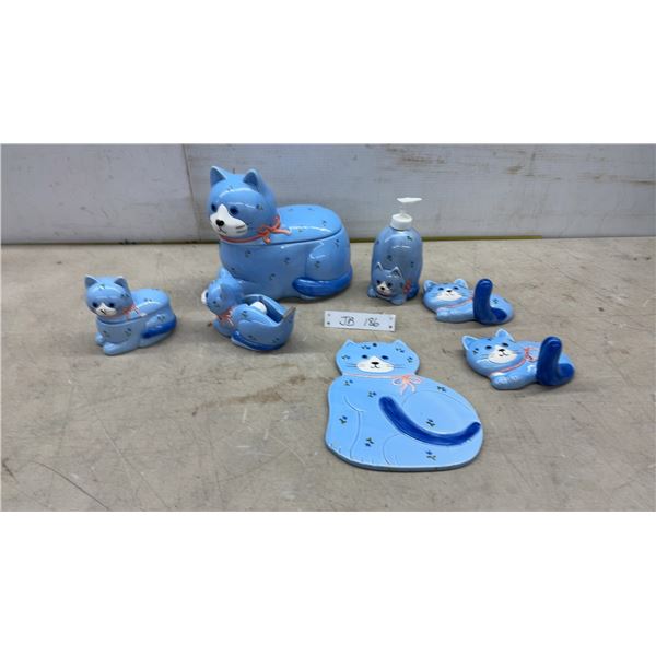 Otagiri Hand-Crafted Japan Blue Cat Ceramic Collection: Canister, Soap Dispenser, Tape Dispenser